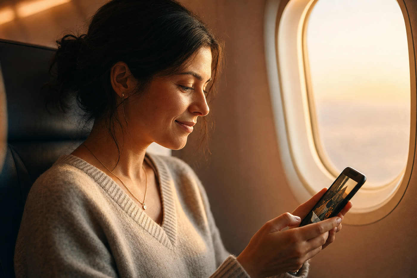 A traveller relives her memory on her phone, golden window light across her face